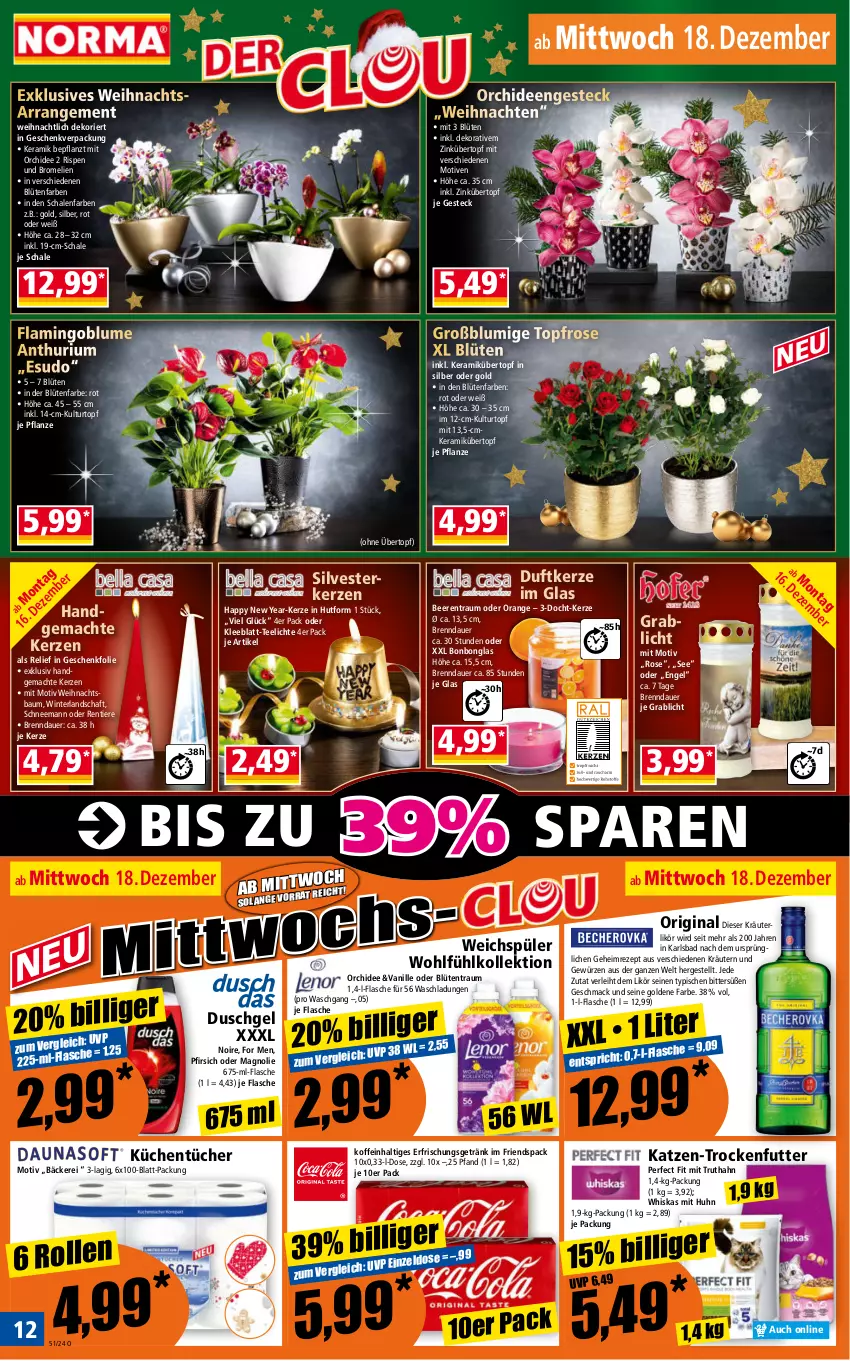 Aktueller Prospekt Norma - Norma - von 16.12 bis 23.12.2024 - strona 12 - produkty: auer, Bad, Bau, beere, beeren, blume, Blüte, Bonbonglas, Bromelie, deo, Duftkerze, duschgel, Engel, erfrischungsgetränk, flasche, getränk, gewürz, gin, kerze, kräuter, kräuterlikör, kräutern, küche, Küchen, küchentücher, kulturtopf, likör, mac, orange, orchidee, orchideen, Perfect Fit, pfirsich, pflanze, rel, rezept, Schal, Schale, tee, Teelicht, teelichte, Ti, Tiere, topf, trockenfutter, truthahn, tücher, übertopf, vanille, weichspüler, weihnachten, Weihnachtsbaum, whiskas