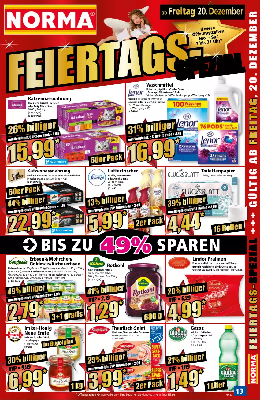 Aktueller Prospekt Norma - Norma - von 16.12 bis 23.12.2024 - strona 13 - produkty: apfel, Bau, Blüte, bügel, cola, couscous, erbsen, erfrischungsgetränk, fisch, flasche, Geflügel, gelee, geschenkpackung, getränk, gin, Goldmais, honig, kichererbsen, LG, lindor, lindt, lufterfrischer, mais, Nassnahrung, papier, Pods, pralinen, pril, rezept, Ria, rotkohl, salat, sauce, thunfisch, Ti, toilettenpapier, vanille, waschmittel, Weste