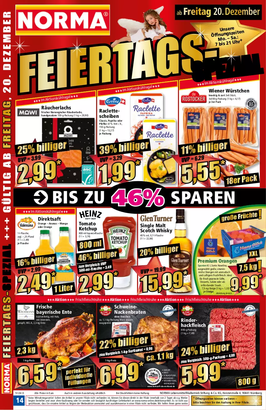 Aktueller Prospekt Norma - Norma - von 16.12 bis 23.12.2024 - strona 14 - produkty: ananas, Bebe, braten, dessert, desserts, direktsaft, eis, elle, ente, flasche, fleisch, frucht, fruchtfleisch, gin, hackfleisch, ketchup, küche, Küchen, kühlregal, lachs, lebensmittel, mango, navelina, orange, orangen, paprika, pfeffer, Räucherlachs, regal, reis, rind, rinder, rinderhackfleisch, rwe, saft, säfte, salat, salate, salz, schwein, schweine, schweinenacken, scotch, scotch whisky, single malt, snack, Ti, tisch, tomato ketchup, vita, wein, weine, whisky, wiener, wiener würstchen, würstchen