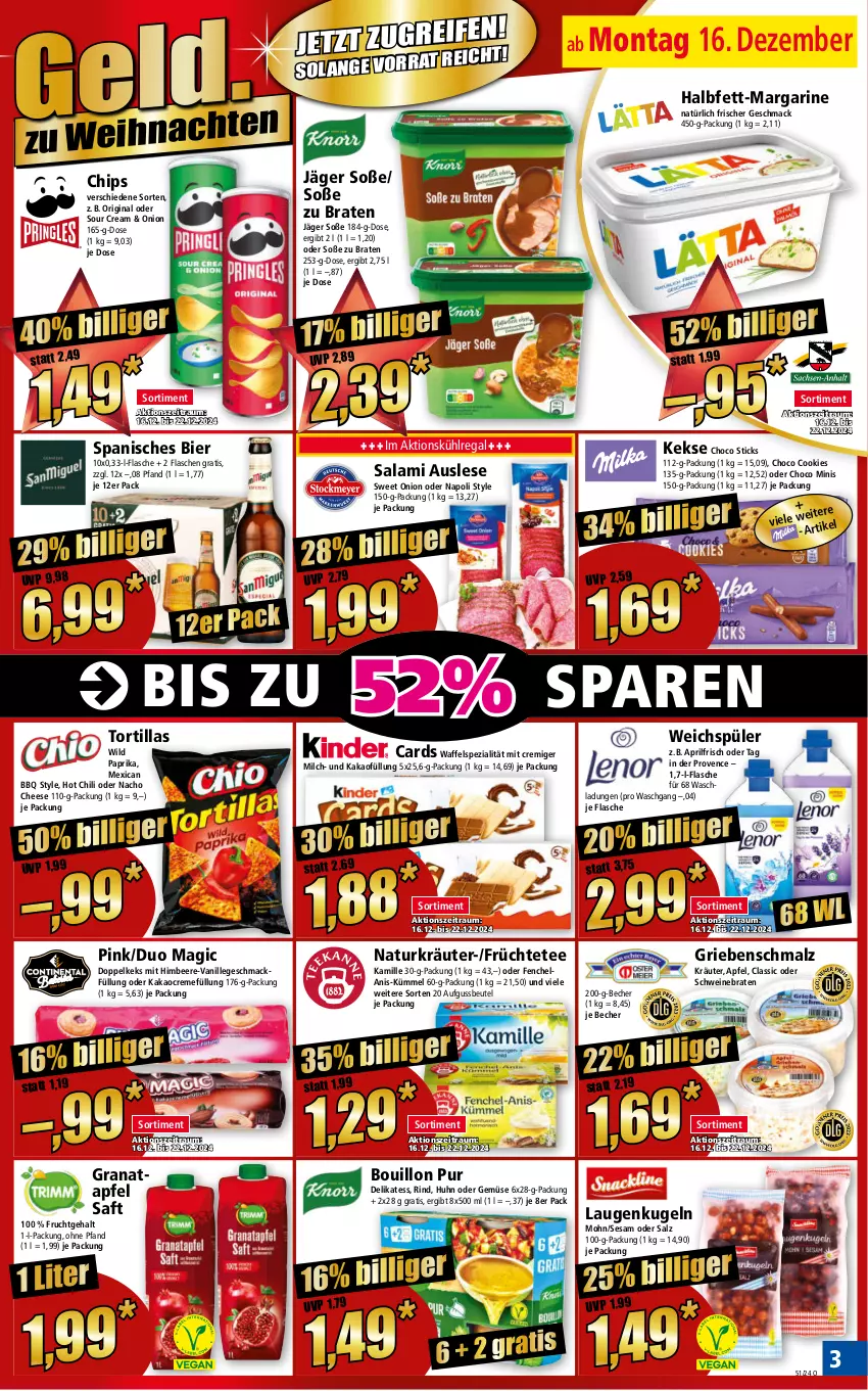 Aktueller Prospekt Norma - Norma - von 16.12 bis 23.12.2024 - strona 3 - produkty: apfel, Becher, beere, beutel, bier, braten, chili, chips, cookie, cookies, creme, Elan, fenchel, flasche, frucht, früchte, Früchtetee, gin, grana, granatapfel, Hela, himbeer, himbeere, hot chili, kakao, Kamill, kamille, keks, kekse, kräuter, Kugel, kühlregal, mac, malz, margarine, milch, nacho, nacho cheese, natur, paprika, pril, Rana, regal, rind, saft, salami, salz, Schmalz, schwein, schweine, schweinebraten, sesam, Soße, sour cream, Spezi, tee, Ti, tortilla, tortillas, vanille, weichspüler, wein, weine, Wild, wild paprika