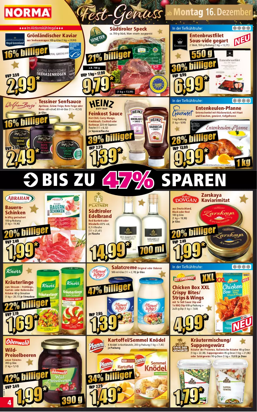 Aktueller Prospekt Norma - Norma - von 16.12 bis 23.12.2024 - strona 4 - produkty: aprikose, auer, barbecue, Bau, Bauer, Bauernschinken, beere, beeren, beutel, bites, brustfilet, chili, cocktail, creme, curry, dip, eis, elle, ente, Entenbrust, Entenkeule, Entenschenkel, feinkost, filet, flasche, Garten, gewürz, gin, henkel, hot chili, kartoffel, knoblauch, Knödel, kochbeutel, kräuter, Kräutermischung, kühlregal, lack, mango, nuss, pfanne, regal, reis, salat, salatcreme, sauce, schenkel, schinken, Semmel, senf, Speck, südtiroler, suppe, suppen, Ti, Wild