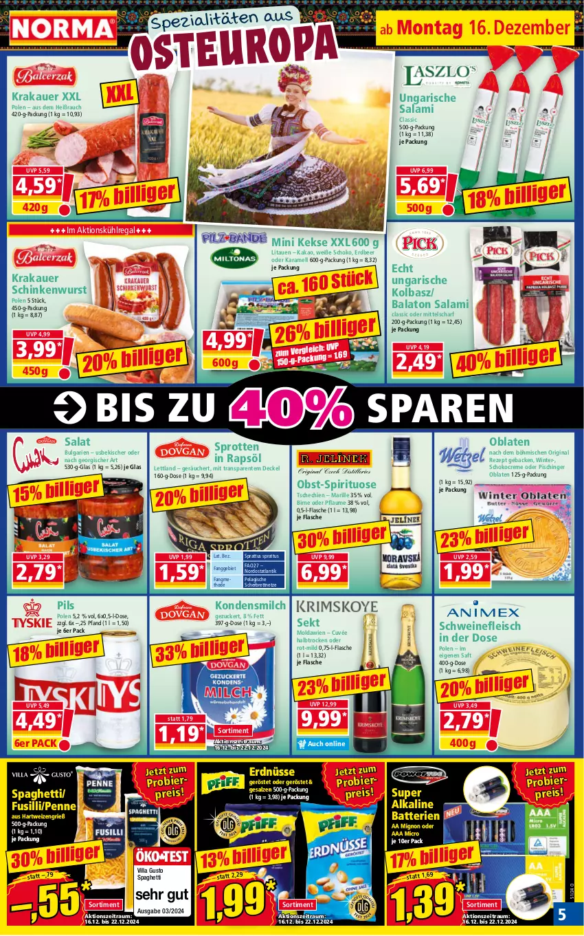 Aktueller Prospekt Norma - Norma - von 16.12 bis 23.12.2024 - strona 5 - produkty: auer, Balaton, batterie, batterien, bier, creme, cuvée, decke, Deckel, eis, ente, erdnüsse, flasche, fleisch, fusilli, geback, gin, hartweizen, kakao, karamell, keks, kekse, kondensmilch, krakauer, kühlregal, LG, milch, Oblaten, obst, penne, pflaume, pils, rapsöl, Rauch, regal, reis, rezept, saft, salami, salat, salz, schinken, schinkenwurst, schoko, schwein, schweine, schweinefleisch, sekt, spaghetti, Spezi, Sprotten, Ti, Ungarische Salami, usb, wein, weine, wurst, zucker