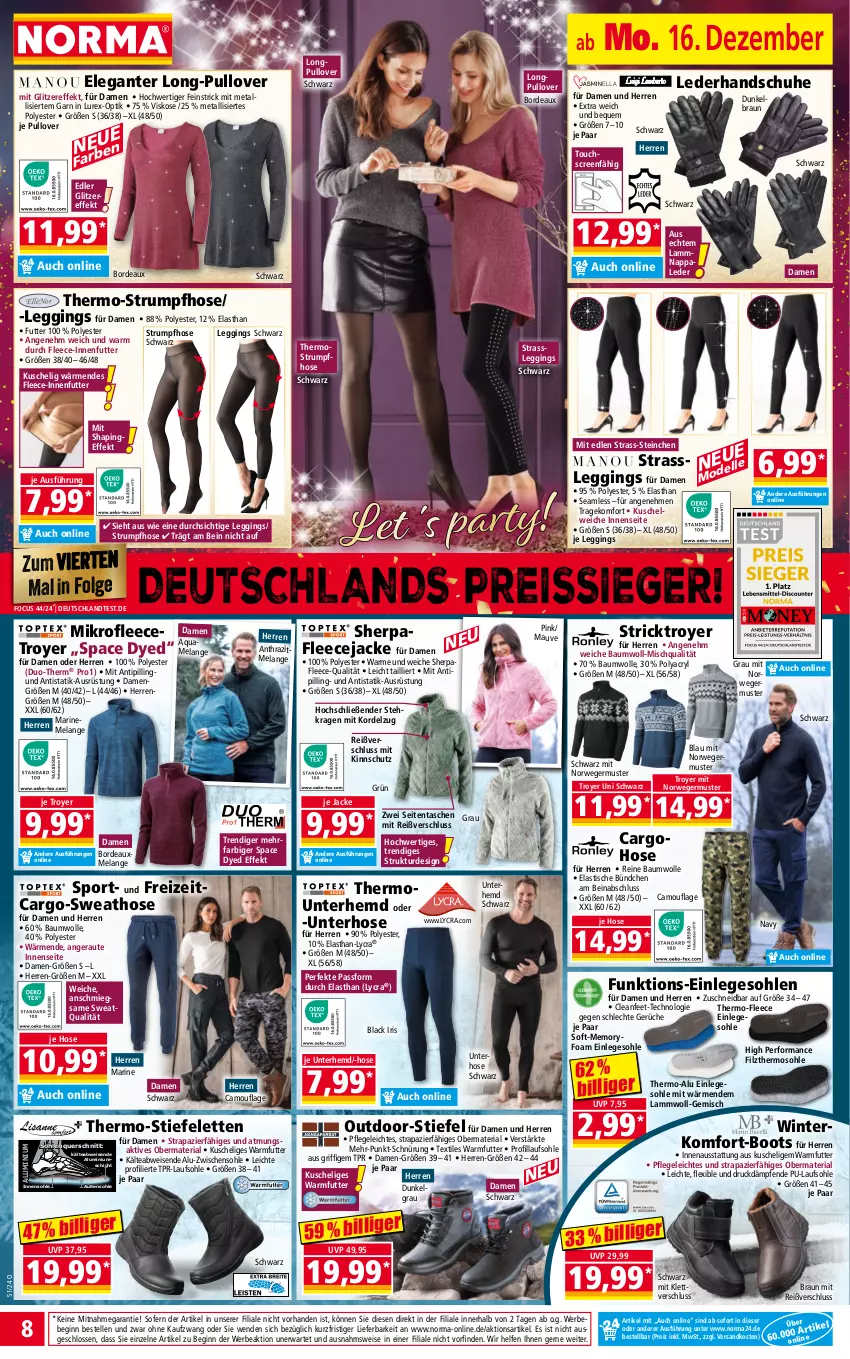 Aktueller Prospekt Norma - Norma - von 16.12 bis 23.12.2024 - strona 8 - produkty: aqua, asti, Bau, baumwolle, Bebe, braun, eis, Elan, elle, Fleecejacke, Germ, gin, handschuhe, hemd, hose, Jacke, Kuschelweich, lack, lamm, leggings, LG, ndk, Pullover, reine baumwolle, reis, reiss, Ria, rum, rwe, schuhe, Sport, Stiefeletten, Strumpfhose, Sweathose, Tasche, taschen, Thermostrumpfhose, Ti, Tipi, tisch, touchscreen, Unterhemd, wolle