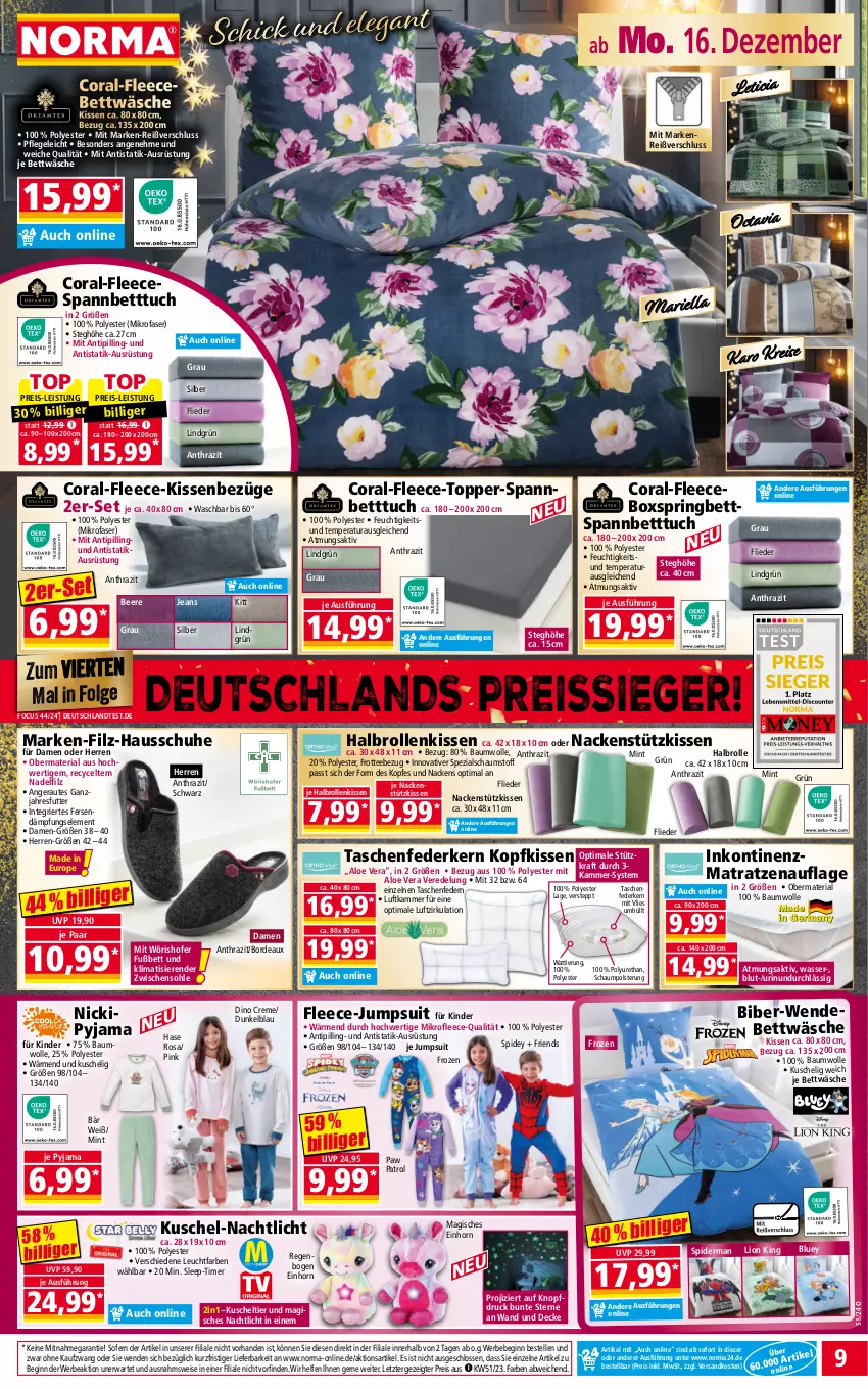 Aktueller Prospekt Norma - Norma - von 16.12 bis 23.12.2024 - strona 9 - produkty: aloe vera, ariel, Bau, baumwolle, Bebe, beere, bett, Betttuch, bettwäsche, boxspringbett, Coral, creme, decke, eis, elle, federkern, flieder, gin, Hausschuhe, jeans, jumpsuit, Kinder, kissen, kopfkissen, kraft, LG, lion, matratze, matratzen, matratzenauflage, mikrofaser, mint, Nachtlicht, nackenstützkissen, ndk, Paw Patrol, Pyjama, reis, reiss, Ria, ring, schuhe, spannbetttuch, Spezi, Tasche, taschen, tee, Ti, timer, Tipi, topper, tuc, wasser, wendebettwäsche, wolle, ZTE