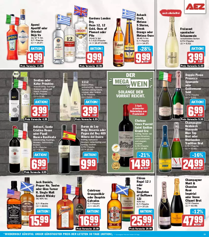 Aktueller Prospekt Aez - Prospekte - von 25.11 bis 30.11.2024 - strona 15 - produkty: alkohol, aperitif, aperol, asbach uralt, Bad, brut, champagne, champagner, chateau, doppio passo, ecco, eis, ente, flasche, freixenet, frucht, geldermann, gordon, gordons, jack daniel, jack daniels, käfer, kirsch, kirsche, kirschen, likör, lion, london dry, Metaxa, orange, orangen, ouzo, ouzo 12, Pago, passo, primitivo, prosecco, puma, regal, reifen, reis, Ria, rioja, saft, scotch, scotch whisky, sekt, single malt, spumante, Ti, wein, whisky, ZTE