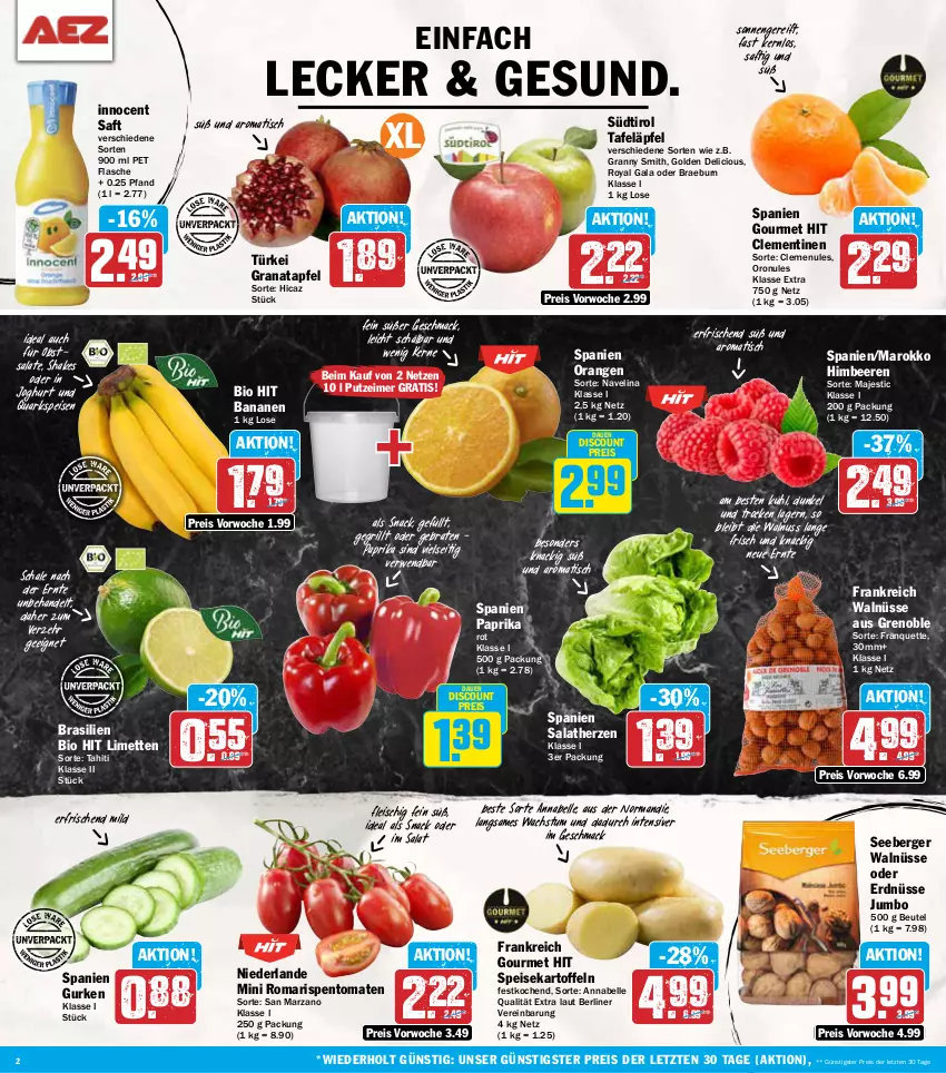 Aktueller Prospekt Aez - Prospekte - von 25.11 bis 30.11.2024 - strona 2 - produkty: apfel, auer, banane, bananen, beere, beeren, Berger, berliner, beutel, bio, bio hit, braten, clementinen, discount, eimer, eis, elle, erdnüsse, flasche, fleisch, grana, granatapfel, grill, gurke, gurken, himbeer, himbeere, himbeeren, Innocent, joghur, joghurt, jumbo, kartoffel, kartoffeln, limette, limetten, mac, Mett, metten, navelina, nuss, obst, orange, orangen, paprika, paprika rot, quark, Rana, reis, rispentomaten, rwe, saft, salat, salate, salatherzen, Schal, Schale, seeberger, shake, snack, speisekartoffeln, tafeläpfel, Ti, tisch, tomate, tomaten, walnuss, ZTE