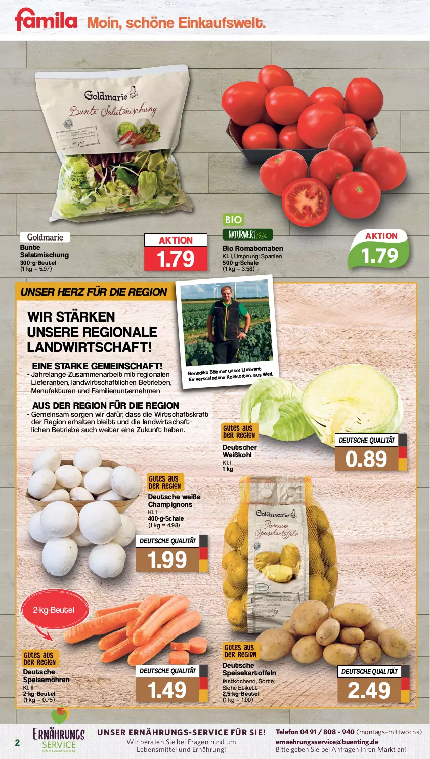 Aktueller Prospekt Famila - Prospekte - von 29.01 bis 03.02.2024 - strona 2 - produkty: beutel, bio, champignon, champignons, eis, Elan, Faktu, kartoffel, kartoffeln, kraft, lebensmittel, möhren, regal, rel, Romatomaten, salat, Schal, Schale, speisekartoffeln, speisemöhren, telefon, Ti, tomate, tomaten, Weißkohl