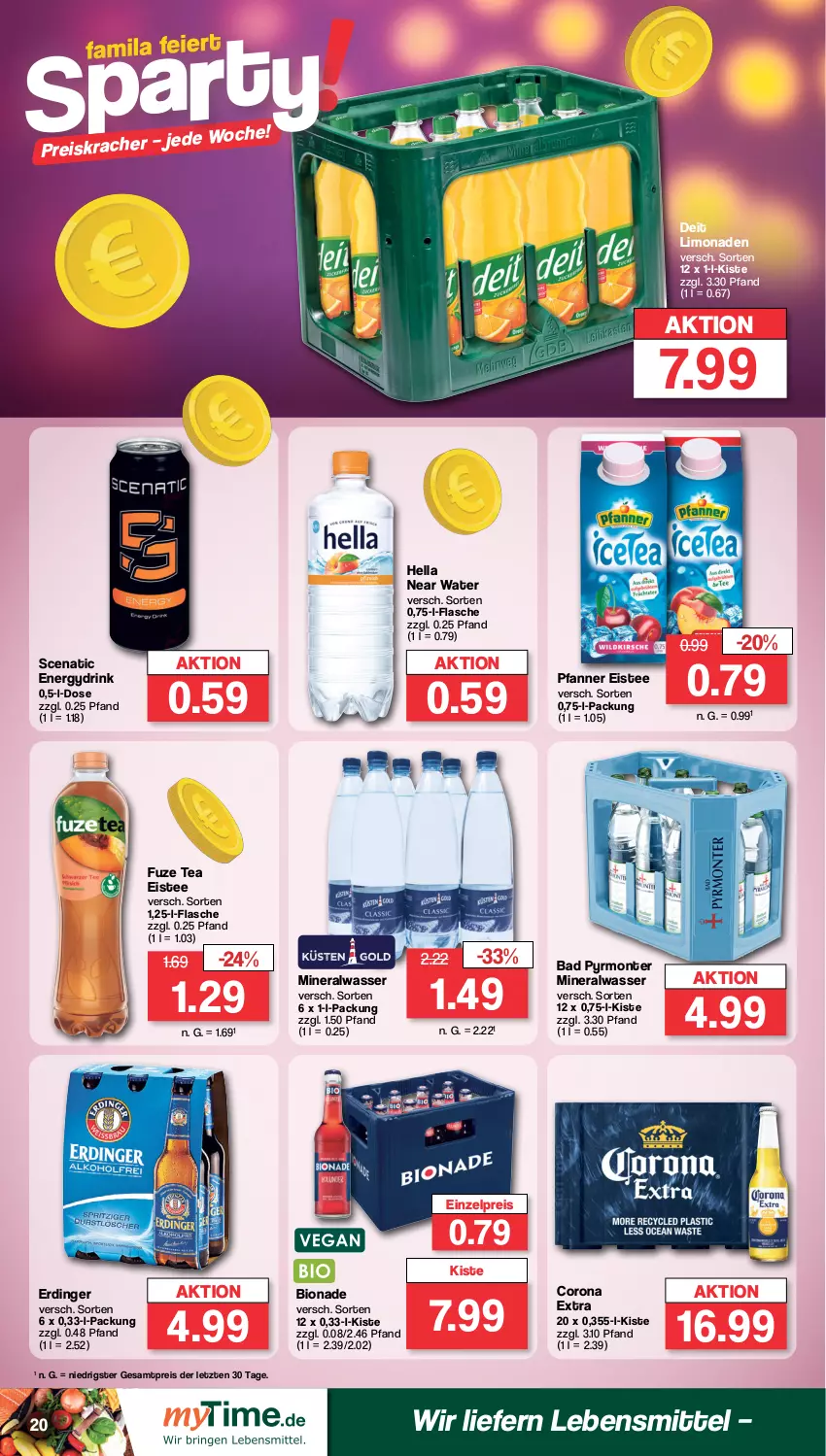 Aktueller Prospekt Famila - Prospekte - von 29.01 bis 03.02.2024 - strona 20 - produkty: Alwa, Bad, bio, bionade, corona, corona extra, deit, drink, eis, eistee, erdinger, flasche, fuze tea, hella, kracher, lebensmittel, limo, limonade, limonaden, mineralwasser, monte, pfanne, Pfanner, reis, tee, Ti, wasser, ZTE