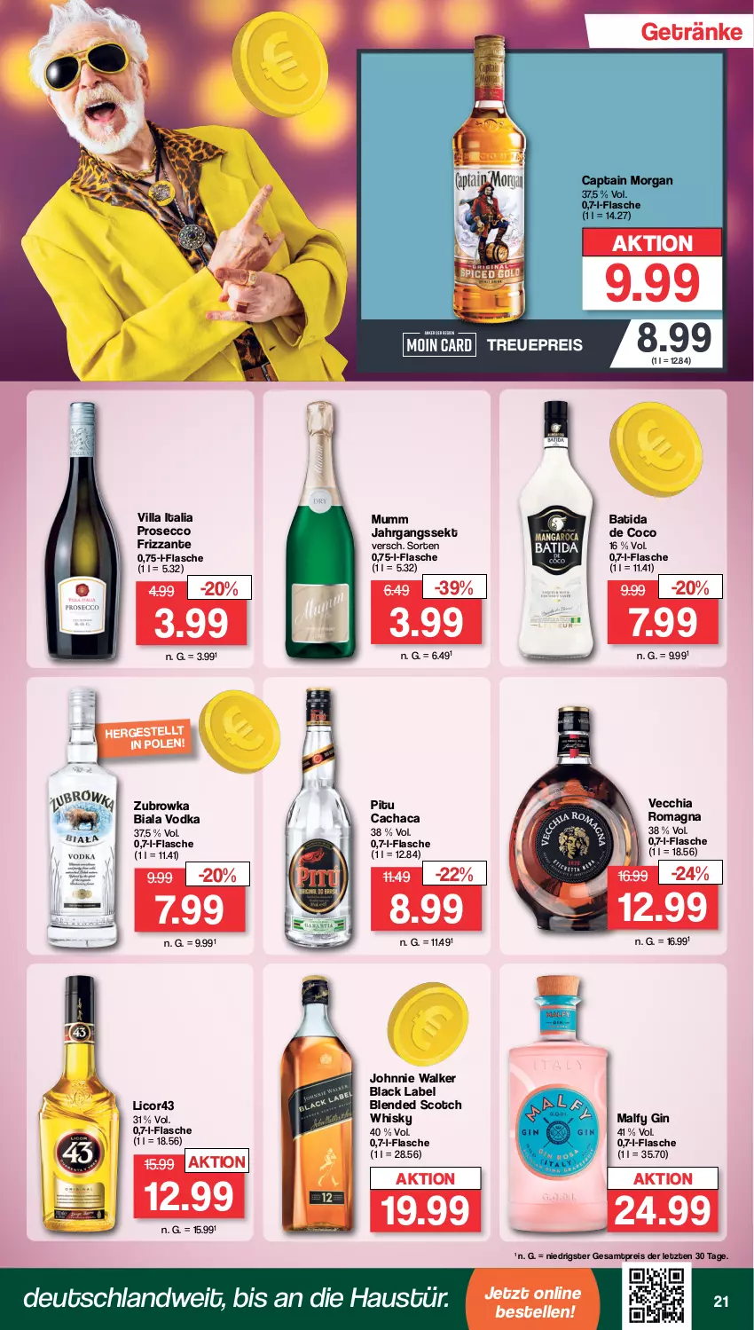 Aktueller Prospekt Famila - Prospekte - von 29.01 bis 03.02.2024 - strona 21 - produkty: aust, batida, black label, blended scotch, blended scotch whisky, Cachaca, Cap, captain morgan, chia, ecco, eis, elle, flasche, frizzante, getränk, getränke, gin, jahrgangssekt, johnnie walker, lack, licor, mumm, prosecco, reis, scotch, scotch whisky, sekt, Ti, Vecchia Romagna, vodka, whisky, ZTE