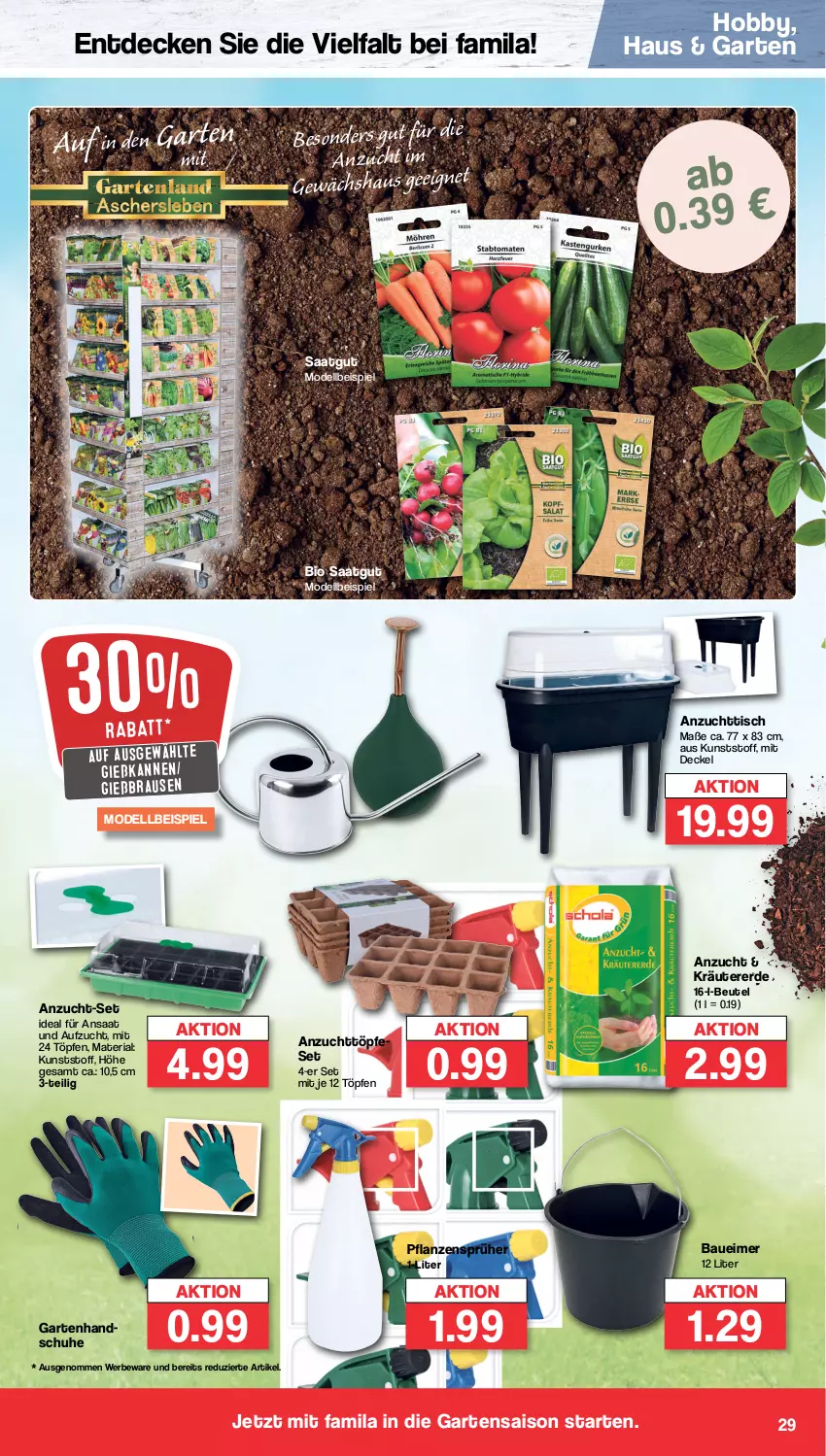 Aktueller Prospekt Famila - Prospekte - von 29.01 bis 03.02.2024 - strona 29 - produkty: Bau, Baueimer, beutel, bio, brause, decke, Deckel, dell, eimer, eis, erde, Garten, Gewächshaus, Gießkanne, handschuhe, Hobby, kräuter, Mode, pflanze, pflanzen, Ria, schuhe, Ti, tisch