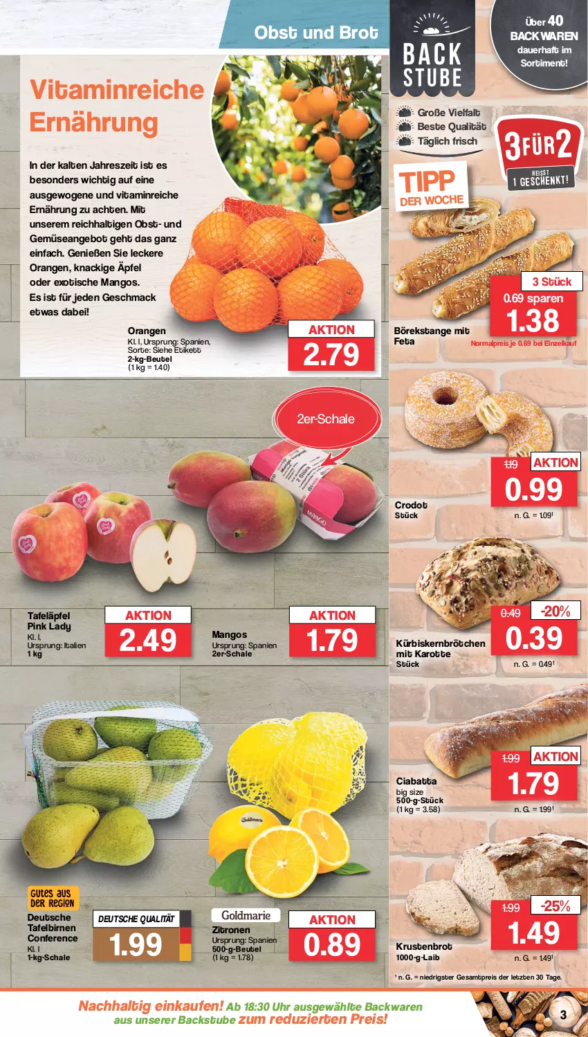 Aktueller Prospekt Famila - Prospekte - von 29.01 bis 03.02.2024 - strona 3 - produkty: angebot, auer, backwaren, beutel, Birnen, brot, brötchen, ciabatta, eis, feta, Krustenbrot, Kürbis, Kürbiskernbrötchen, mac, mango, mangos, obst, orange, orangen, Pink Lady, reis, Schal, Schale, stube, tafeläpfel, tafelbirnen, Ti, tisch, uhr, und gemüse, vita, zitrone, zitronen, ZTE