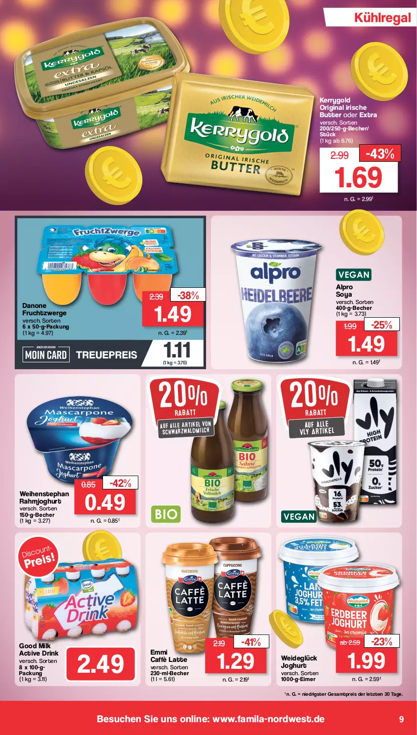 Aktueller Prospekt Famila - Prospekte - von 29.01 bis 03.02.2024 - strona 9 - produkty: alpro, Becher, butter, caffè latte, danone, danone fruchtzwerge, drink, eimer, eis, emmi, frucht, fruchtzwerge, gin, irische butter, joghur, joghurt, kerrygold, kühlregal, latte, milch, rahmjoghurt, regal, reis, soya, Ti, weihenstephan, ZTE