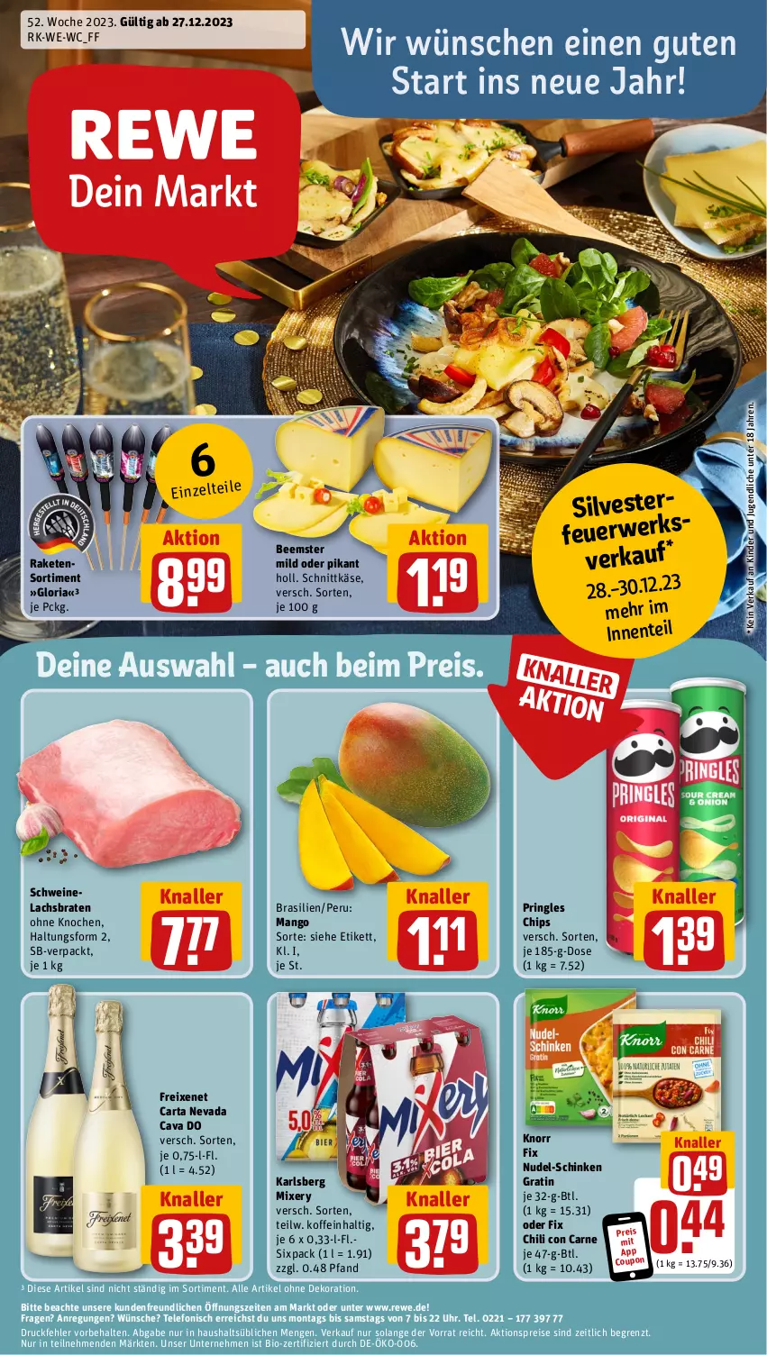 Aktueller Prospekt Rewe - Prospekte - von 27.12 bis 30.12.2023 - strona 1 - produkty: aktionspreis, alle artikel ohne dekoration, Beemster, bio, braten, Cava, chili, chips, coupon, dekoration, eis, ente, freixenet, karlsberg, karlsberg mixery, Käse, Kinder, knorr, knorr fix, lachs, Lachsbraten, mango, Mixer, mixery, nudel, pringles, Raketen, Raketensortiment, reis, Ria, ring, rwe, schinken, schnittkäse, schwein, schweine, Schweinelachs, telefon, Ti, uhr, wein, weine, Zelt