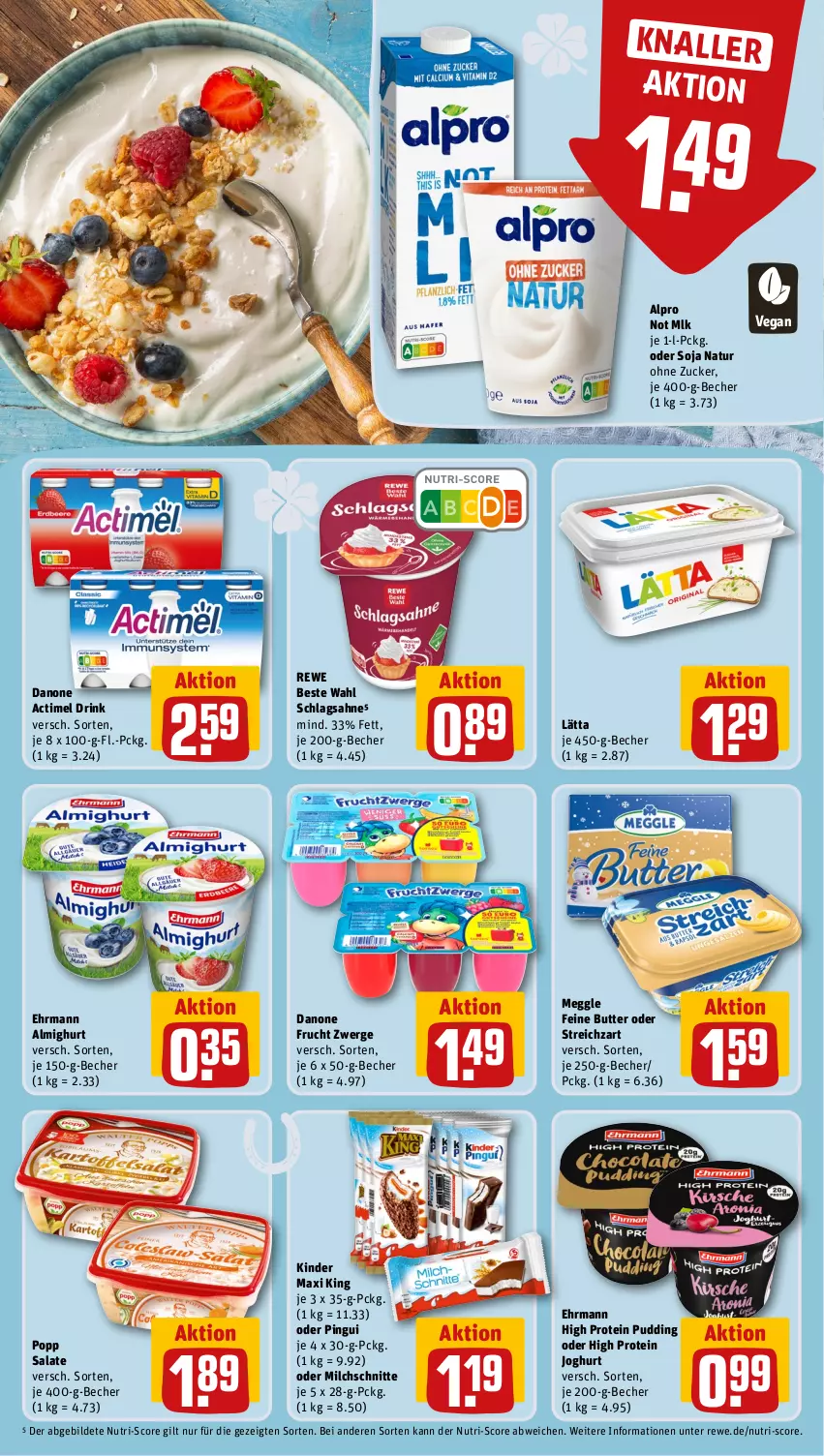 Aktueller Prospekt Rewe - Prospekte - von 27.12 bis 30.12.2023 - strona 12 - produkty: actimel, actimel drink, almighur, almighurt, alpro, Becher, butter, danone, danone actimel drink, drink, ehrmann, ehrmann almighurt, frucht, joghur, joghurt, Kinder, Kinder Maxi, kinder maxi king, lätta, meggle, milch, Milchschnitte, natur, pingui, Popp, pudding, rewe beste wahl, sahne, salat, salate, schlagsahne, soja, Streichzart, Ti, zucker