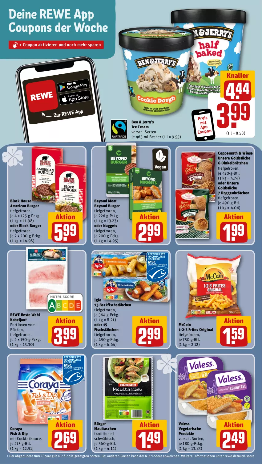 Aktueller Prospekt Rewe - Prospekte - von 27.12 bis 30.12.2023 - strona 13 - produkty: backfisch, Becher, brötchen, burger, cocktail, cocktails, coppenrath, coupon, coupons, dinkelbrötchen, dip, eis, fisch, fischstäbchen, gin, Goldstücke, iglo, maultaschen, mccain, nuggets, reis, rewe beste wahl, roggenbrötchen, sauce, Tasche, taschen, Ti, Vegeta, Yo