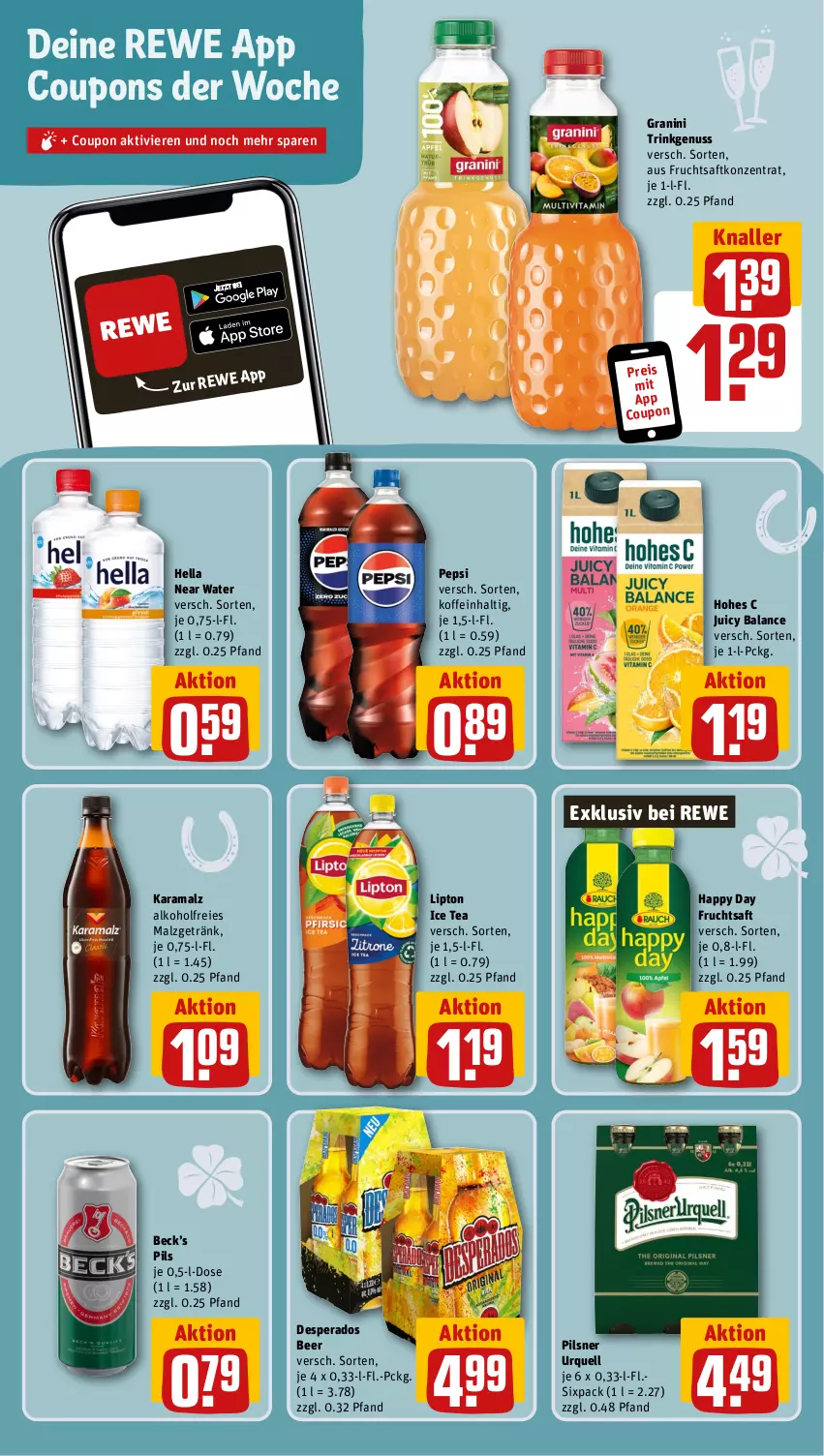 Aktueller Prospekt Rewe - Prospekte - von 27.12 bis 30.12.2023 - strona 14 - produkty: alkohol, coupon, coupons, desperados, eis, frucht, fruchtsaft, getränk, granini, Happy Day, hella, Hohes C, ice tea, karamalz, lipton, lipton ice tea, malz, nuss, pepsi, pils, pilsner, pilsner urquell, rama, reis, saft, Ti