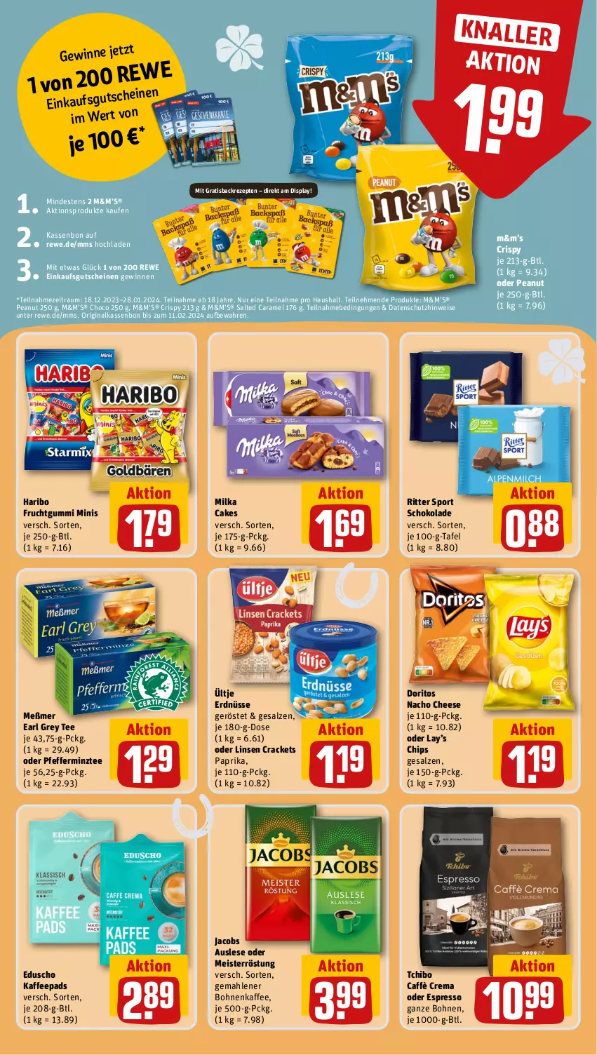 Aktueller Prospekt Rewe - Prospekte - von 27.12 bis 30.12.2023 - strona 17 - produkty: bohne, bohnen, bohnenkaffee, caffè crema, caramel, chips, Doritos, eduscho, eis, erdnüsse, espresso, frucht, fruchtgummi, gemahlener bohnenkaffee, gin, gutschein, gutscheine, haribo, jacobs, kaffee, kaffeepads, linsen, Meister, meisterröstung, Meßmer, milka, nacho, nacho cheese, oder espresso, paprika, pfeffer, rezept, rezepte, ritter, ritter sport, salz, schoko, schokolade, Sport, Tchibo, tee, Ti, ültje, ültje erdnüsse, ZTE