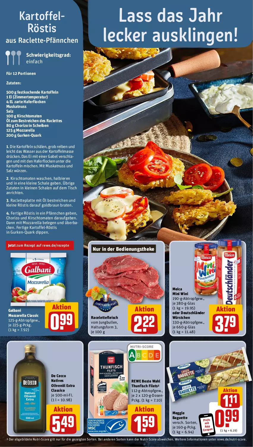 Aktueller Prospekt Rewe - Prospekte - von 27.12 bis 30.12.2023 - strona 4 - produkty: Anrichte, baguette, bier, Biere, braten, braun, chorizo, classico, coupon, De Cecco, dip, ecco, eis, filet, filets, fisch, fleisch, gabel, galbani, gurke, gurken, hafer, haferflocken, jungbullen, kartoffel, kartoffeln, kirsch, latte, leine, meggle, meica, mozzarella, Muskatnuss, natives olivenöl, nuss, olive, oliven, olivenöl, olivenöl extra, quark, reis, rel, rewe beste wahl, rezept, rezepte, salz, Schal, Schale, thunfisch, thunfisch filets, Ti, tisch, tomate, tomaten, wasser, würstchen