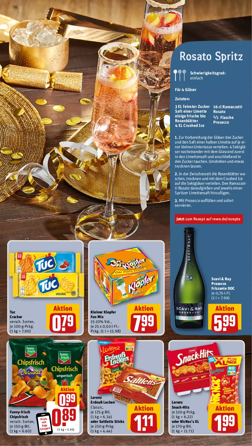 Aktueller Prospekt Rewe - Prospekte - von 27.12 bis 30.12.2023 - strona 7 - produkty: bio, chips, chipsfrisch, coupon, cracker, crushed ice, ecco, eis, flasche, frizzante, funny-frisch, Gläser, kleiner klopfer, leine, limette, limetten, lorenz, Mett, metten, prosecco, rama, ramazzott, ramazzotti, reis, rezept, rezepte, rosato, rosen, saft, saltletts, sekt, snack, tasse, Ti, tuc, zott, zucker