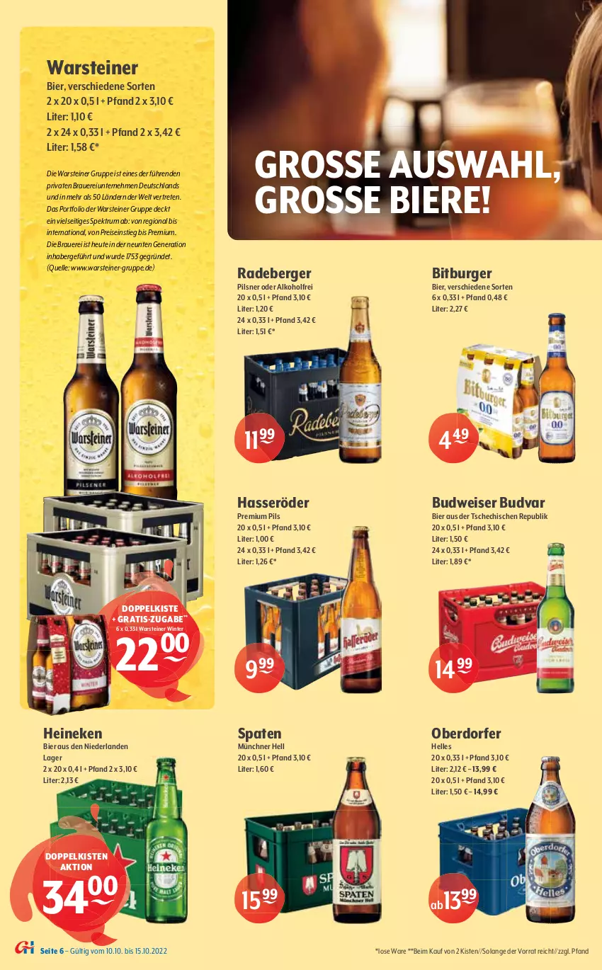 Aktueller Prospekt Getraenke Hoffmann - Prospekte - von 10.10 bis 15.10.2022 - strona 6 - produkty: alkohol, auer, aust, Berger, bier, Biere, bitburger, budweiser, burger, corona, eis, elle, franziskaner, getränk, gin, hasseröder, heineken, Heu, LG, lion, Meister, nuss, Paula, paulaner, pils, pilsner, premium pils, radeberger, reis, rum, Spaten, Spektrum, steiner, Ti, warsteiner, weissbier