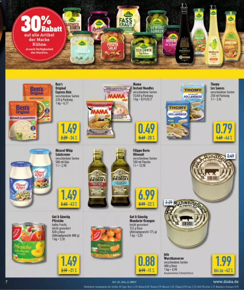 Aktueller Prospekt Diska - von 17.06 bis 22.06.2024 - strona 7 - produkty: basmati, creme, eier, eis, flasche, fleisch, frucht, gin, hollandaise, malz, mam, mandarin-orangen, miracel, miracel whip, olive, oliven, olivenöl, orange, orangen, pfirsich, pfirsiche, reis, salat, salatcreme, sauce, Schmalz, tee, thomy, Ti, wurst, ZTE, zucker