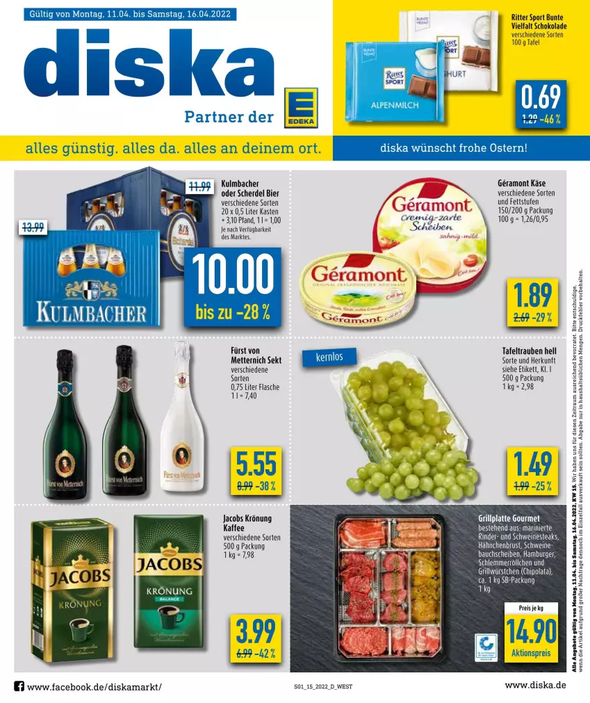 Aktueller Prospekt Diska - Prospekte - von 04.04 bis 09.04.2022 - strona 1 - produkty: aktionspreis, angebot, angebote, Bau, bauchscheiben, bier, burger, eis, erde, flasche, grill, grillplatte, hähnchenbrust, hamburger, jacobs, jacobs krönung, kaffee, Käse, latte, Mett, metternich, Nestea, reis, rind, rinder, ritter, ritter sport, schoko, schokolade, schwein, schweine, sekt, Sport, steak, steaks, tafeltrauben, Ti, trauben, wein, weine, würstchen