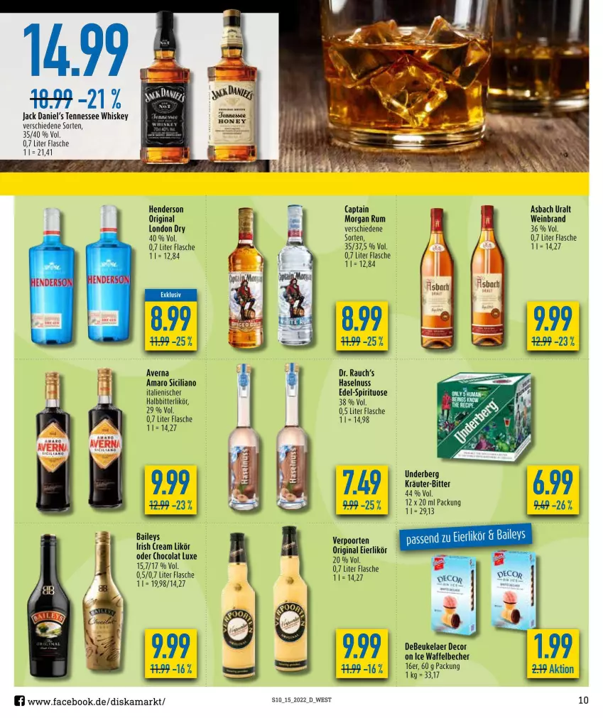 Aktueller Prospekt Diska - Prospekte - von 04.04 bis 09.04.2022 - strona 10 - produkty: amaro, asbach uralt, baileys, Becher, Cap, cola, debeukelaer, decor, eier, eierlikör, enders, flasche, gin, haselnuss, irish cream, jack daniel, jack daniel's, kräuter, likör, london dry, nuss, Rauch, rum, tennessee whiskey, Ti, underberg, verpoorten, wein, weinbrand, whiskey