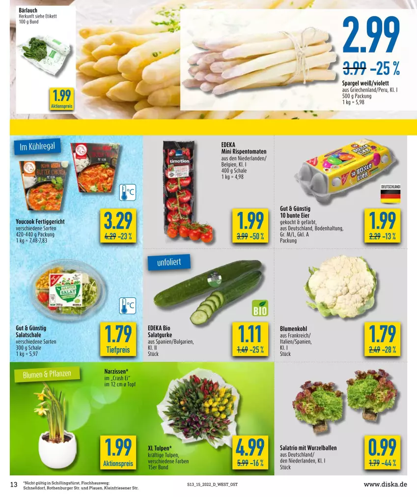 Aktueller Prospekt Diska - Prospekte - von 04.04 bis 09.04.2022 - strona 13 - produkty: aktionspreis, ball, bio, blume, blumen, blumenkohl, burger, deka, edeka bio, eier, eis, fertiggericht, fisch, gurke, LG, Narzissen, reis, rispentomaten, salat, Salatgurke, Schal, Schale, spargel, Ti, tiefpreis, tomate, tomaten, topf, Yo, YouCook