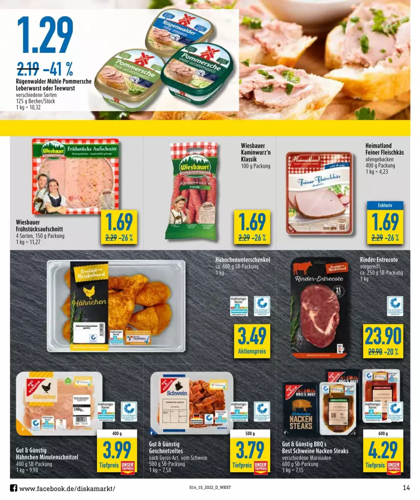 Aktueller Prospekt Diska - Prospekte - von 04.04 bis 09.04.2022 - strona 14 - produkty: aktionspreis, auer, aufschnitt, Bau, Bauer, Becher, bett, dell, eis, ente, fleisch, geback, geschnetzeltes, gyros, Kamin, Kaminwurz, leberwurst, marinade, minutenschnitzel, Ofen, Pommersche, reis, rind, rinder, schnitzel, schwein, schweine, steak, steaks, tee, teewurst, Ti, tiefpreis, wein, weine, wiesbauer, wurst, Zelt