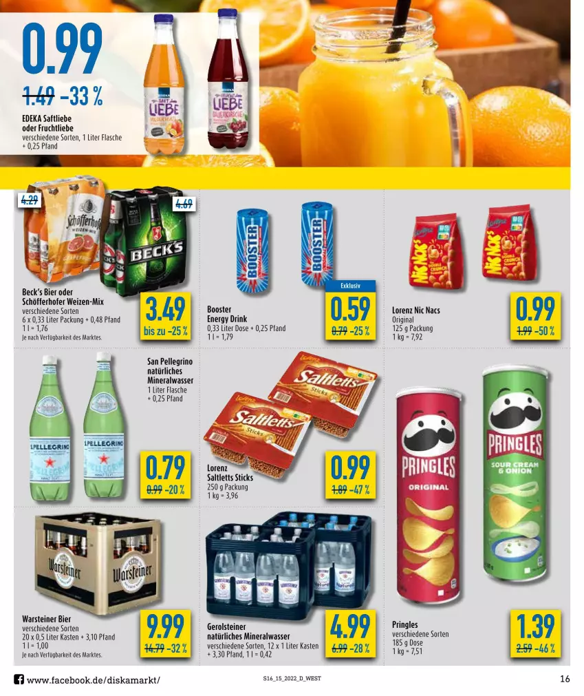 Aktueller Prospekt Diska - Prospekte - von 04.04 bis 09.04.2022 - strona 16 - produkty: Alwa, bier, deka, drink, elle, energy drink, flasche, frucht, gerolsteine, gerolsteiner, gin, lorenz, mineralwasser, natürliches mineralwasser, pringles, ring, saft, saltletts, san pellegrino, schöfferhofer, steiner, Ti, warsteiner, wasser