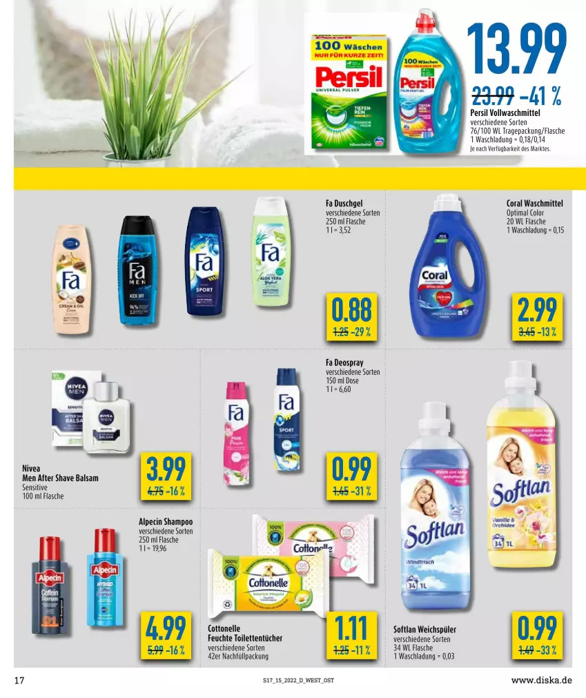 Aktueller Prospekt Diska - Prospekte - von 04.04 bis 09.04.2022 - strona 17 - produkty: after shave, alpecin, balsam, cin, Coral, cottonelle, deo, deospray, duschgel, elle, fa duschgel, flasche, nivea, persil, shampoo, Softlan, Ti, toilettentücher, tücher, vollwaschmittel, waschmittel, weichspüler