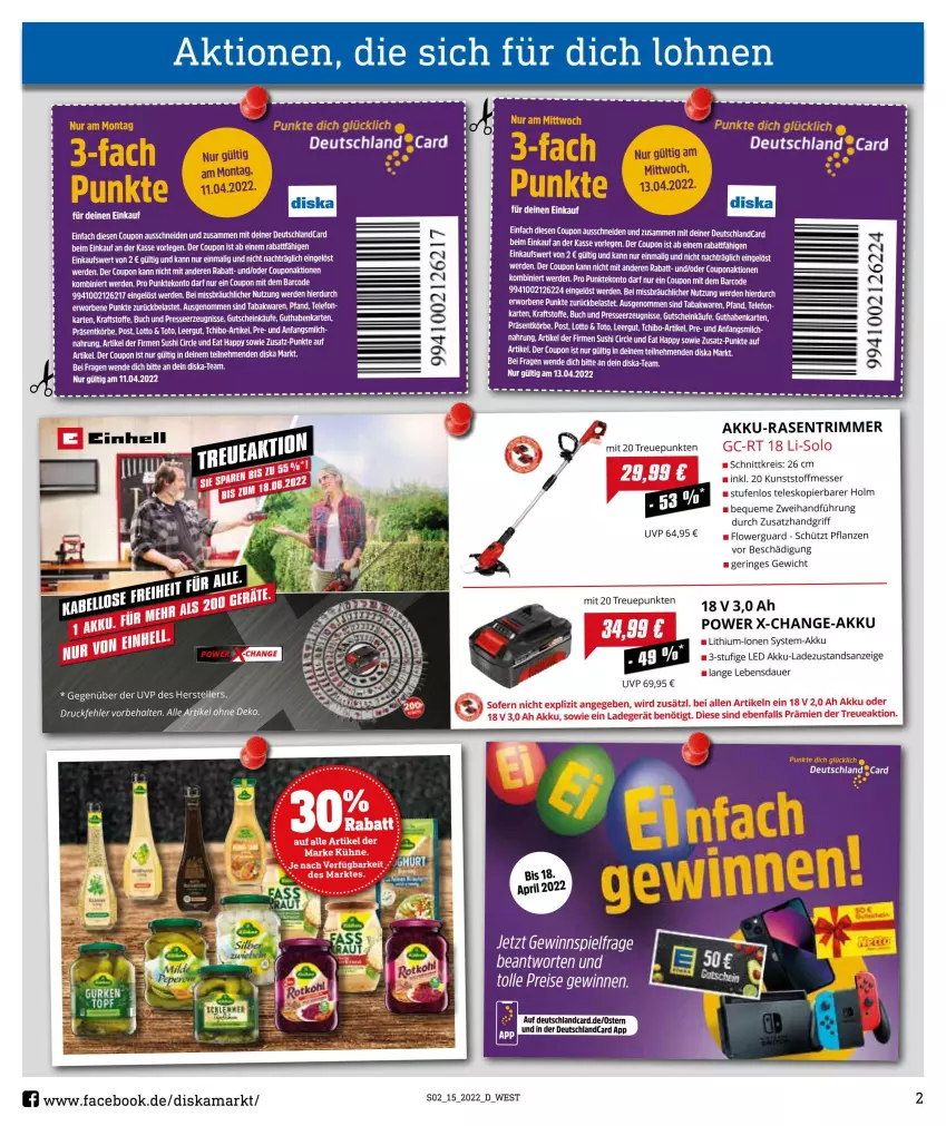 Aktueller Prospekt Diska - Prospekte - von 04.04 bis 09.04.2022 - strona 2 - produkty: akku, auer, buch, coupon, deutschlandcard, eis, elle, erde, gewinnspiel, guthabenkarte, gutschein, kraft, LG, messer, Mett, milch, pflanze, pflanzen, rasen, rasentrimmer, reis, ring, ritter, Sushi, Tchibo, tee, telefon, Teleskop, teller, Ti, Tiere