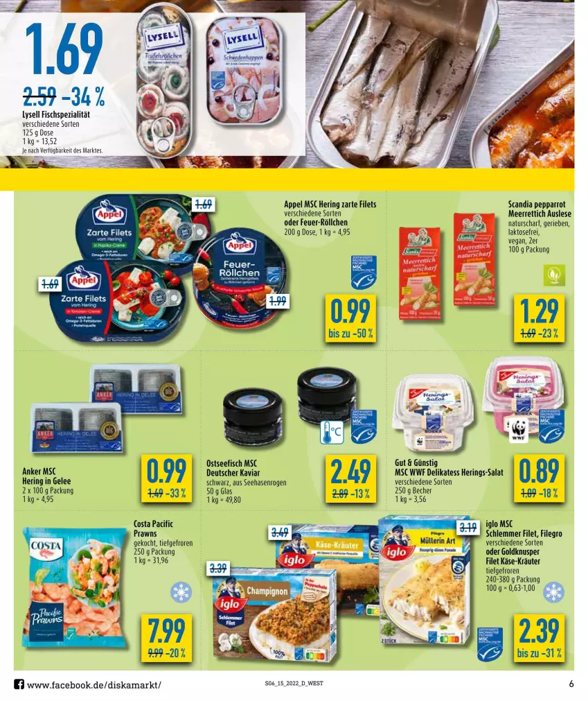 Aktueller Prospekt Diska - Prospekte - von 04.04 bis 09.04.2022 - strona 6 - produkty: Becher, Cif, filegro, filet, filets, fisch, gelee, hering, Herings, iglo, Käse, kräuter, lysell, meerrettich, natur, prawns, Rettich, ring, salat, Spezi, Ti