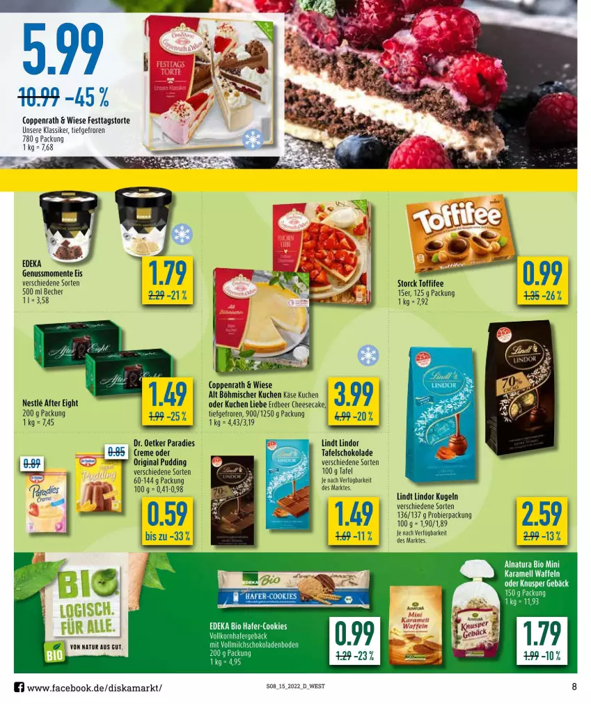 Aktueller Prospekt Diska - Prospekte - von 04.04 bis 09.04.2022 - strona 8 - produkty: after eight, Becher, bier, cheesecake, coppenrath, Dr. Oetker, eis, ente, gin, hafer, karamell, Käse, korn, kuchen, Kugel, lindor, lindt, milch, natur, nuss, pudding, schoko, schokolade, schokoladen, storck, tafelschokolade, Ti, toffifee, torte, vollmilch, waffeln