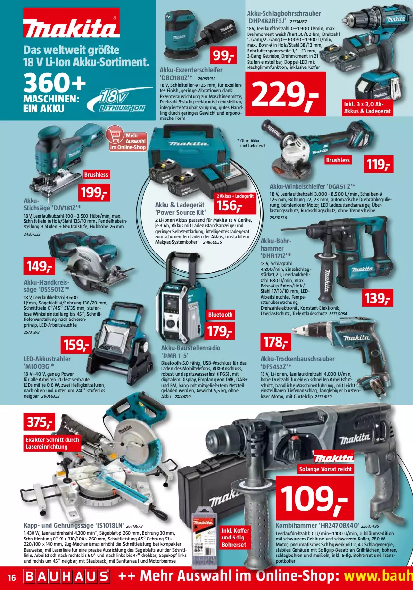 Aktueller Prospekt Bauhaus - Prospekte - von 03.12 bis 31.12.2022 - strona 16 - produkty: akku, Akku-Bohrhammer, Akku-Exzenterschleifer, Akku-Handkreissäge, Akku-Schlagbohrschrauber, Akku-Winkelschleifer, Arbeitsleuchte, aust, auto, Bau, Bohrerset, Bohrhammer, Bohrschrauber, bürste, bürsten, eis, Elektro, elle, ente, erde, Finish, Gehrungssäge, Handkreissäge, Holz, HP, Intel, Jubiläums, koffer, Kombihammer, ladegerät, leds, Leuchte, LG, Makita, ndk, ohne akku und ladegerät, Radio, reis, reiss, ring, sac, säge, Schere, Sport, stichsäge, telefon, teller, Ti, tisch, usb, wasser, Winkelschleifer, ZTE