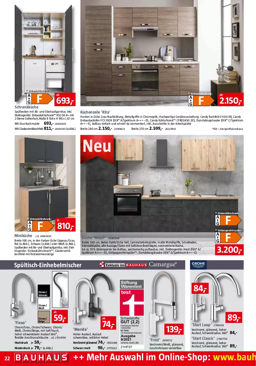 Aktueller Prospekt Bauhaus - Prospekte - von 03.12 bis 31.12.2022 - strona 22 - produkty: abzugshaube, arbeitsplatte, backofen, Bau, brause, Brei, dunstabzug, dunstabzugshaube, edelstahl, einbaubackofen, einbaukühlschrank, Einhebelmischer, Elektro, elektrogeräte, garnitur, gefrierfach, geschirr, geschirrspüler, glaskeramik, glaskeramikkochfeld, kochfeld, küche, Küchen, Küchenzeile, kühlschrank, laminat, latte, LG, Ofen, rum, säge, schläuche, Schrank, schubladen, Spektrum, Ti, tisch