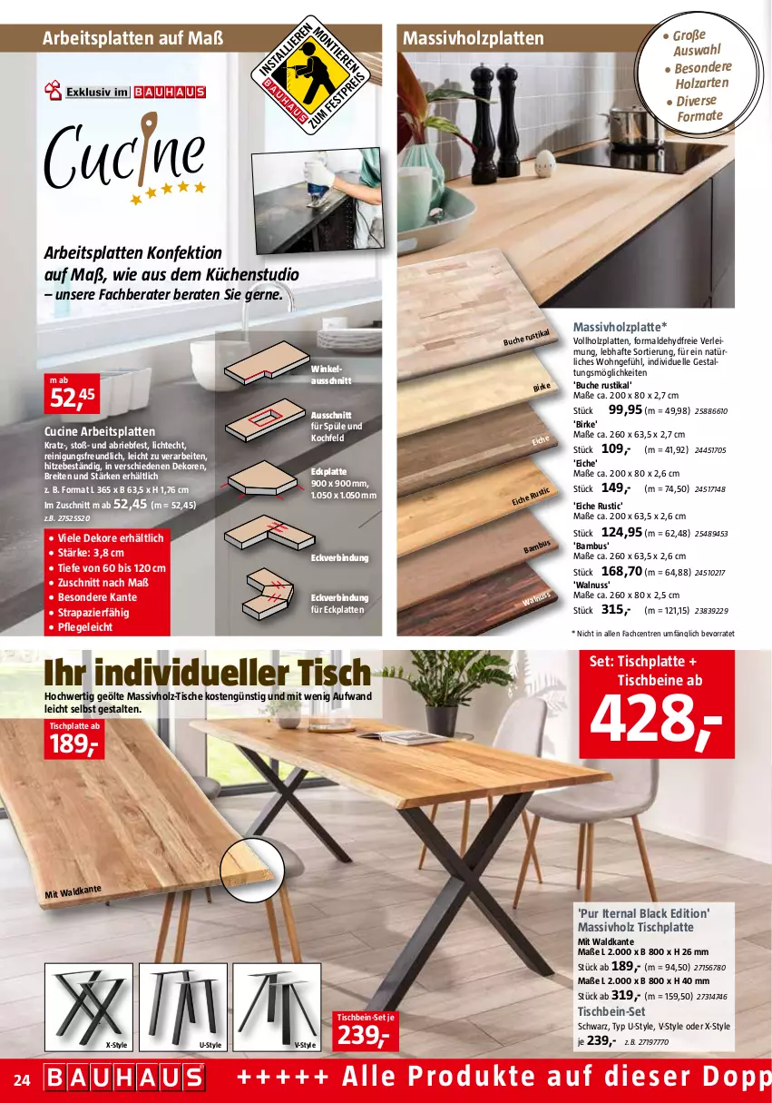 Aktueller Prospekt Bauhaus - Prospekte - von 03.12 bis 31.12.2022 - strona 24 - produkty: arbeitsplatte, bambus, Brei, brie, buch, cin, elle, Holz, HP, kochfeld, küche, Küchen, lack, latte, massivholz, Massivholzplatten, nuss, Reinigung, Ti, tisch, tischplatte, walnuss