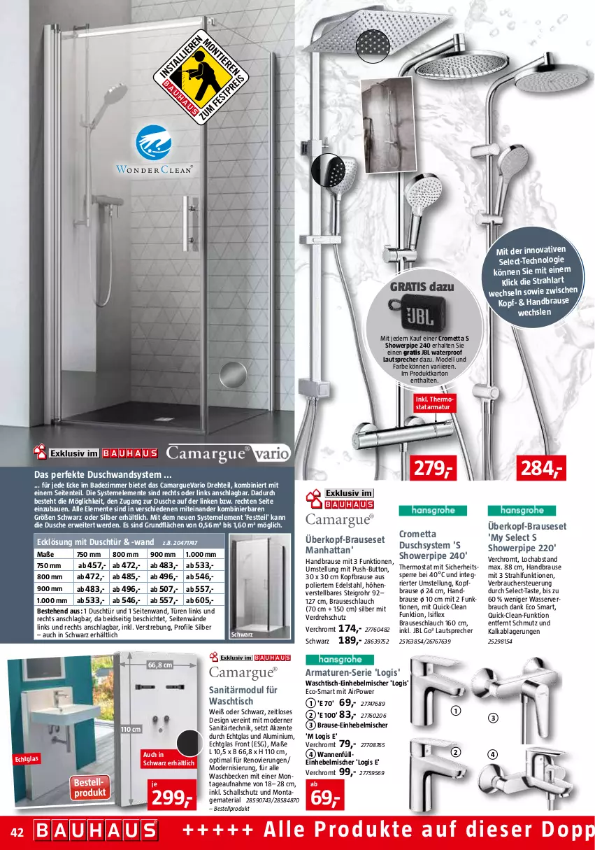 Aktueller Prospekt Bauhaus - Prospekte - von 03.12 bis 31.12.2022 - strona 42 - produkty: armatur, armaturen, Bad, Bau, brause, brauseschlauch, camargue, dell, dusche, Duschwandsystem, edelstahl, Einhebelmischer, ente, erde, handbrause, jbl, lautsprecher, Mett, Mode, Rauch, Ria, rwe, Schal, schlauch, thermostat, Ti, tisch, Wanne, waschbecken, waschtisch, wasser