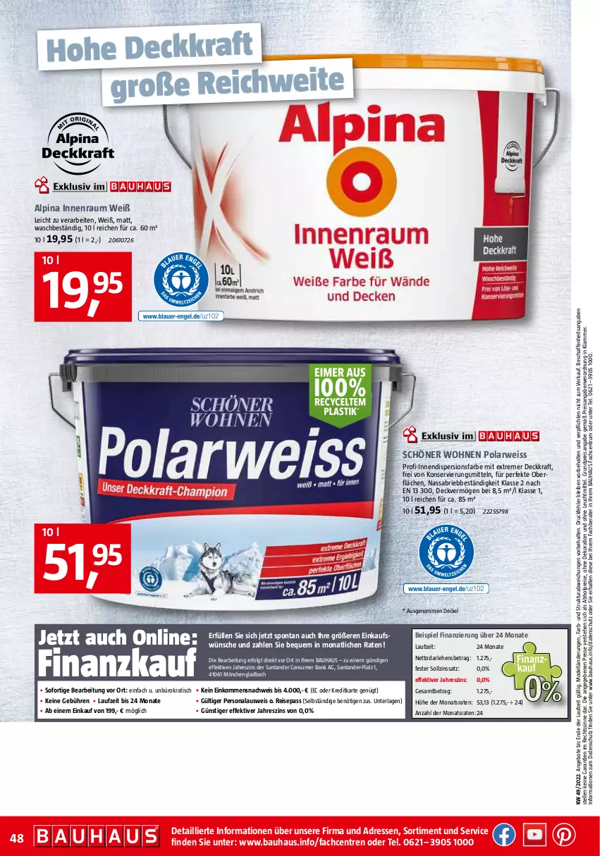 Aktueller Prospekt Bauhaus - Prospekte - von 03.12 bis 31.12.2022 - strona 48 - produkty: abholpreise, alpina, angebot, angebote, Bank, Bau, brie, decke, Deckel, dekoration, dell, eis, elle, kraft, lamm, leuchtmittel, LG, Mode, Persona, Polarweiss, reis, rum, rwe, Ti, tisch