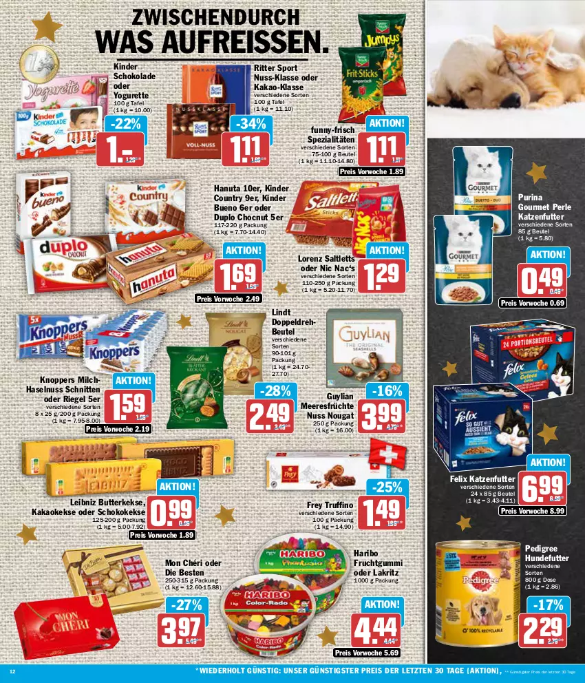 Aktueller Prospekt Aez - Prospekte - von 04.12 bis 09.12.2023 - strona 12 - produkty: beutel, butter, butterkeks, duplo, eis, felix, frucht, früchte, fruchtgummi, funny-frisch, hanuta, haribo, haselnuss, kakao, katzenfutter, keks, kekse, Kinder, kinder bueno, kinder country, kinder schokolade, knoppers, Lakritz, leibniz, lindt, lorenz, meeresfrüchte, milch, Mon Chéri, nuss, oder lakritz, oder yogurette, pedigree, purina, reis, reiss, riegel, ritter, ritter sport, saltletts, schnitten, schoko, schokolade, Spezi, Sport, Ti, Yo, yogurette, ZTE