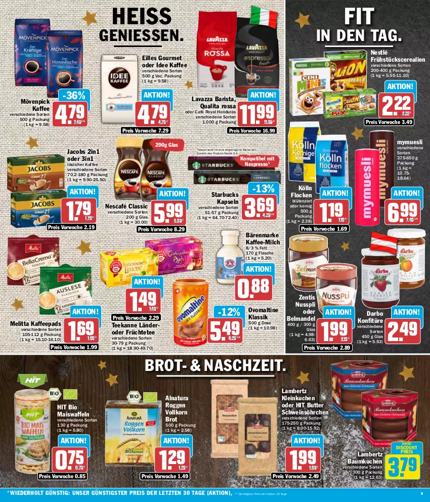 Aktueller Prospekt Aez - Prospekte - von 04.12 bis 09.12.2023 - strona 9 - produkty: Amber, auer, bärenmarke, Bau, Belmandel, bio, Blüte, brot, butter, café royal, cerealien, darbo, discount, eilles gourmet, eis, espresso, flasche, früchte, Früchtetee, jacobs, kaffee, kaffeepads, kölln, konfitüre, korn, kuchen, lambertz, lavazza, löslicher kaffee, mais, Maiswaffeln, mandel, melitta, milch, mövenpick, mövenpick kaffee, natur, natura, Nescafé, nespresso, nestlé, nuss, nusspli, ovomaltine, reis, schwein, starbucks, tee, teekanne, Ti, waffeln, wein, zentis, ZTE