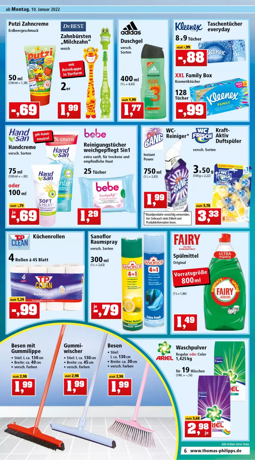 Aktueller Prospekt Thomas Philipps - Prospektwerbung - von 10.01 bis 15.01.2022 - strona 6 - produkty: ariel, Bebe, bio, biozidprodukte, Brei, bürste, bürsten, creme, duschgel, eis, gin, hafer, handcreme, HP, kosmetik, Kosmetiktücher, kraft, küche, Küchen, küchenrolle, küchenrollen, mac, milch, Rauch, reiniger, Reinigung, reinigungstücher, reis, rwe, spülmittel, Tasche, taschen, taschentücher, Ti, tücher, Waschpulver, zahnbürste, zahnbürsten, zahncreme