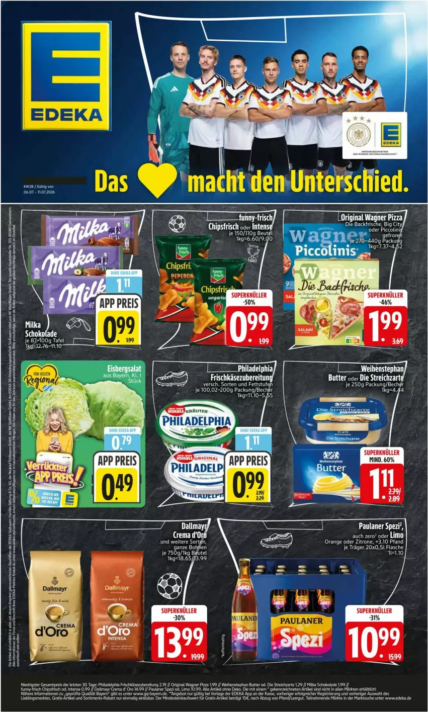 Aktueller Prospekt Edeka - Prospekte - von 06.07 bis 11.07.2026 - strona 1 - produkty: Becher, butter, chips, dallmayr, eier, eis, elle, funny-frisch, gin, limo, orange, original wagner, Paula, paulaner, philadelphia, pizza, reis, rel, saft, schoko, schokolade, Spezi, Streichzart, tee, Ti, wagner, zitrone