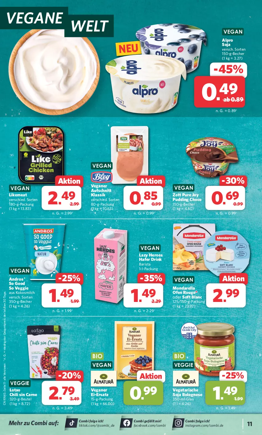 Aktueller Prospekt Combi - Prospekte - von 06.11 bis 11.11.2023 - strona 11 - produkty: alpro, aufschnitt, Becher, beutel, bolognese, chili, drink, eis, hafer, hero, kokos, kokosmilch, LG, milch, Ofen, pudding, reis, rel, rouge, soja, Ti, Vegeta, veggie, zott, ZTE