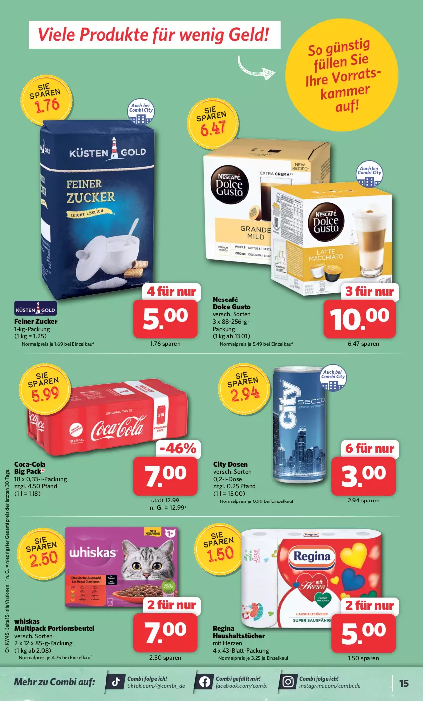 Aktueller Prospekt Combi - Prospekte - von 06.11 bis 11.11.2023 - strona 15 - produkty: beutel, coca-cola, cola, dolce gusto, eis, gin, haushaltstücher, LG, Nescafé, portionsbeutel, reis, Ti, tücher, whiskas, ZTE, zucker