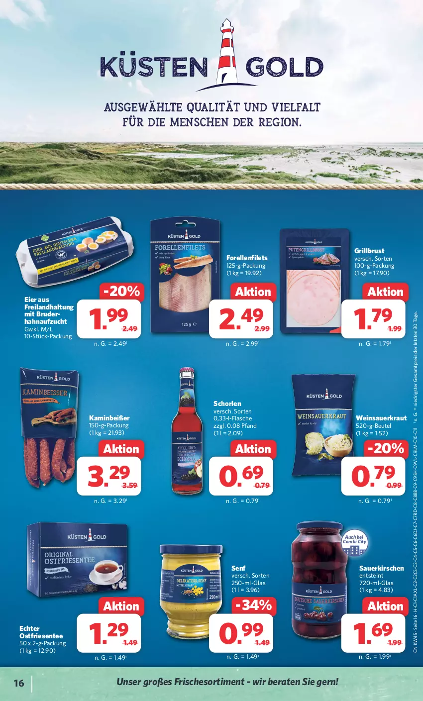 Aktueller Prospekt Combi - Prospekte - von 06.11 bis 11.11.2023 - strona 16 - produkty: auer, beutel, eier, eis, elle, ente, filet, filets, flasche, forelle, grill, Kamin, kirsch, kirsche, kirschen, Kraut, reis, rel, sauerkirschen, Sauerkraut, schorle, senf, tee, Ti, wein, Weinsauerkraut, ZTE