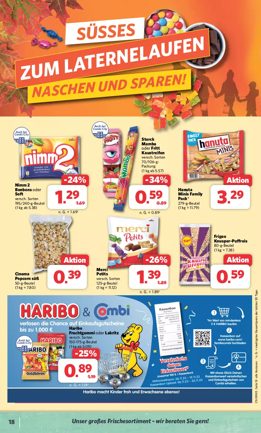 Aktueller Prospekt Combi - Prospekte - von 06.11 bis 11.11.2023 - strona 18 - produkty: aust, beutel, bonbons, cin, eis, frucht, fruchtgummi, hanuta, haribo, Kaustreifen, Lakritz, mam, merci, Nimm 2, oder lakritz, popcorn, reifen, reis, storck, Ti, ZTE