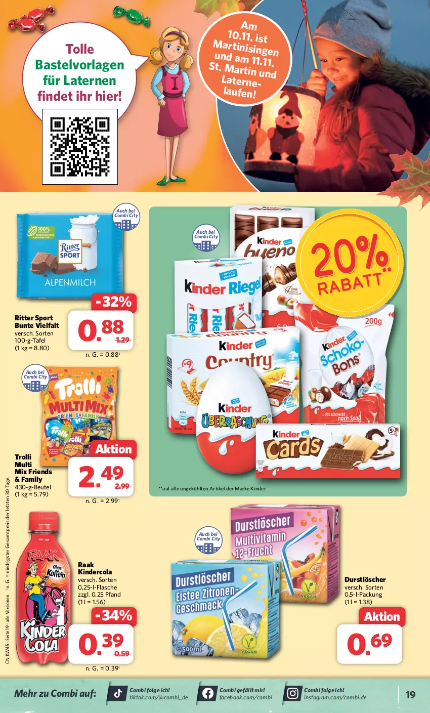 Aktueller Prospekt Combi - Prospekte - von 06.11 bis 11.11.2023 - strona 19 - produkty: beutel, cola, durstlöscher, eis, flasche, Kinder, laterne, Laufen, LG, martini, reis, ritter, ritter sport, Sport, Ti, trolli, ZTE