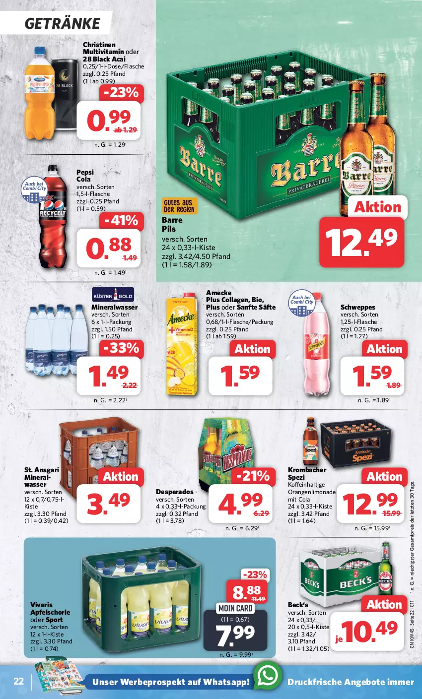 Aktueller Prospekt Combi - Prospekte - von 06.11 bis 11.11.2023 - strona 22 - produkty: Alwa, amecke, angebot, angebote, apfel, Apfelschorle, bio, cola, Collagen, desperados, eis, flasche, getränk, getränke, krombache, krombacher, lack, limo, limonade, mineralwasser, orange, orangen, pepsi, Pepsi Cola, pils, reis, säfte, schorle, schweppes, Spezi, Sport, Ti, vita, Vivaris, wasser, ZTE