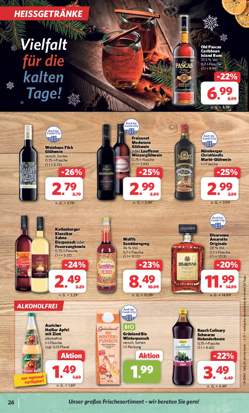 Aktueller Prospekt Combi - Prospekte - von 06.11 bis 11.11.2023 - strona 24 - produkty: alkohol, Amaretto, apfel, beere, Berger, bio, bowle, burger, eier, eis, flasche, freixenet, getränk, getränke, gin, Glühwein, holunder, katlenburger, nürnberger, Rauch, reis, rum, sahne, sanddorn, saro, Ti, wein, ZTE